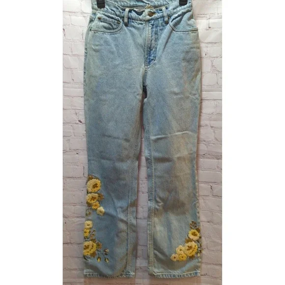 Newport News Jeanology yellow stitched flowers Sz 6 fits 2 3 4 flare Jeans - Picture 2 of 9